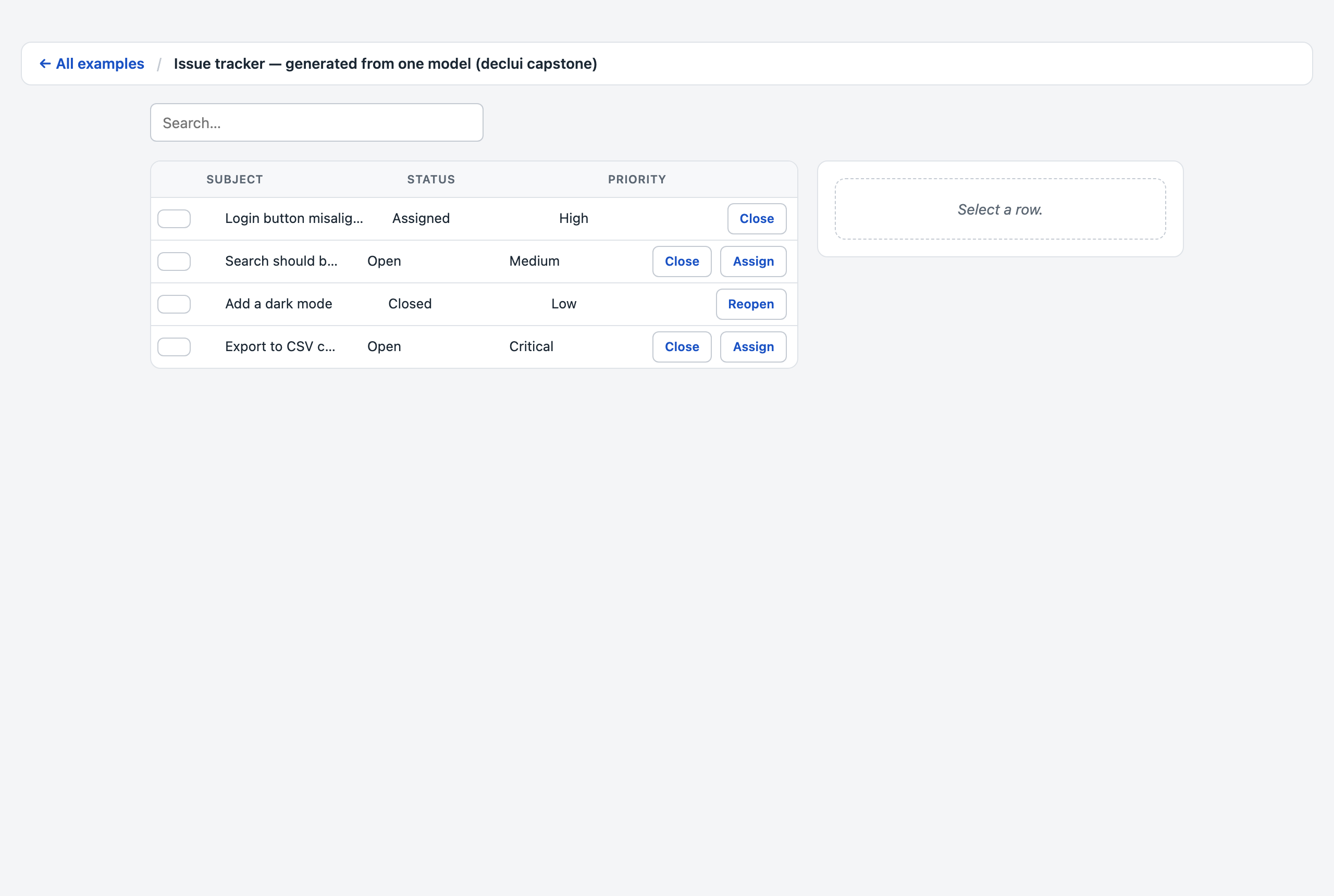 The declui capstone: a server master-detail tracker generated from one model