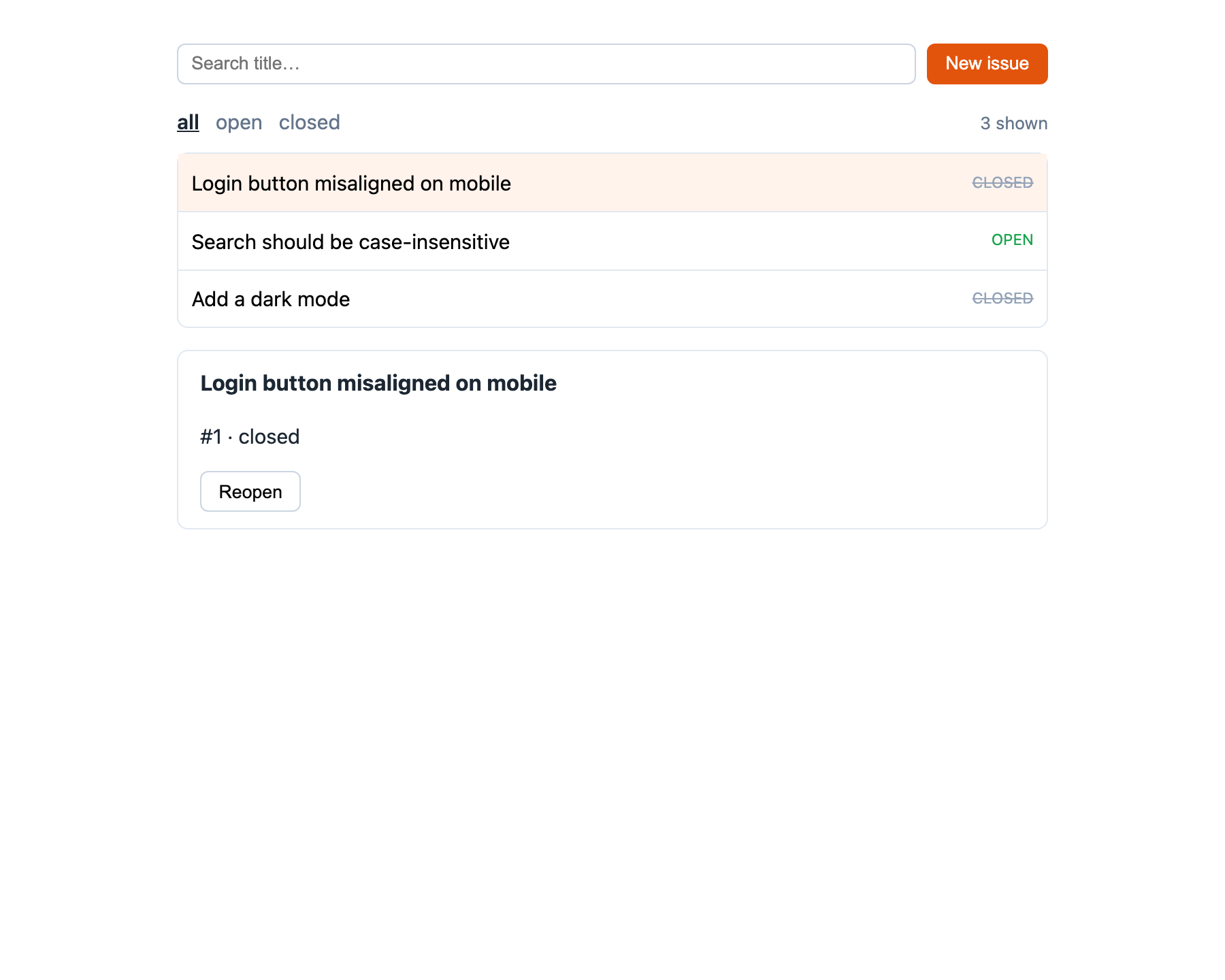 The finished tutorial app: search, filters, a selected row, and a detail pane with a server command